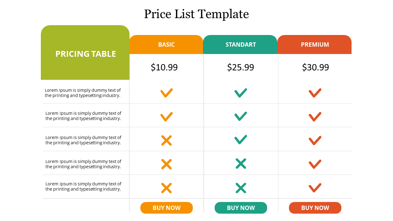 Editable Price List Template For Presentation Slides